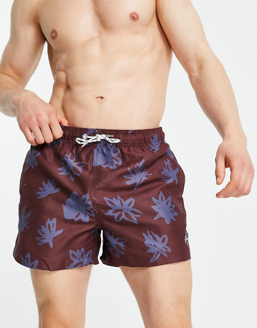 New Look floral print shorter length swim shorts in burgundy-Red