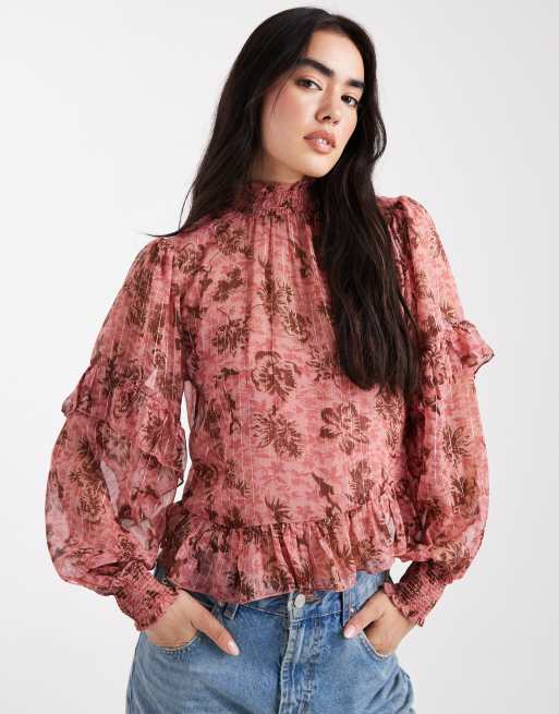 New Look floral ruffle blouse in pink