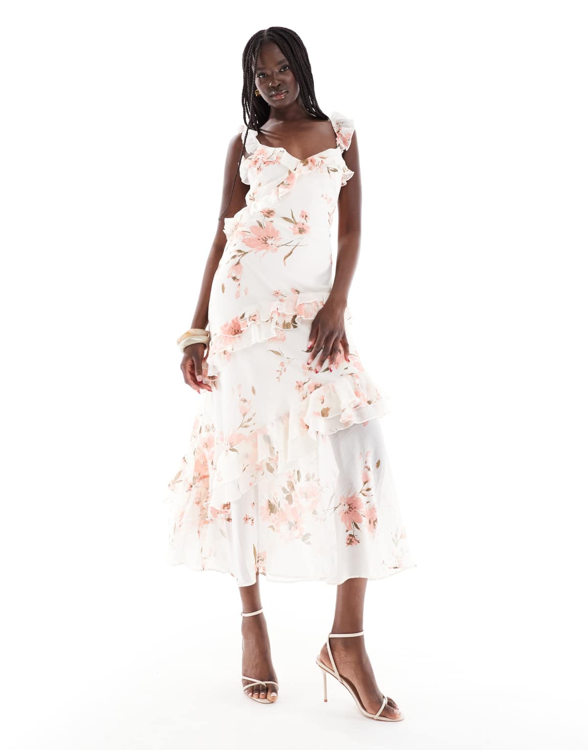 New Look floral ruffle maxi dress in cream