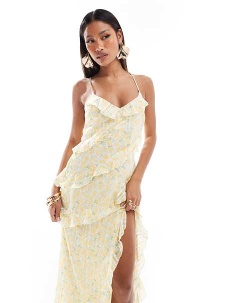 New Look floral ruffle split maxi dress in yellow - view 1