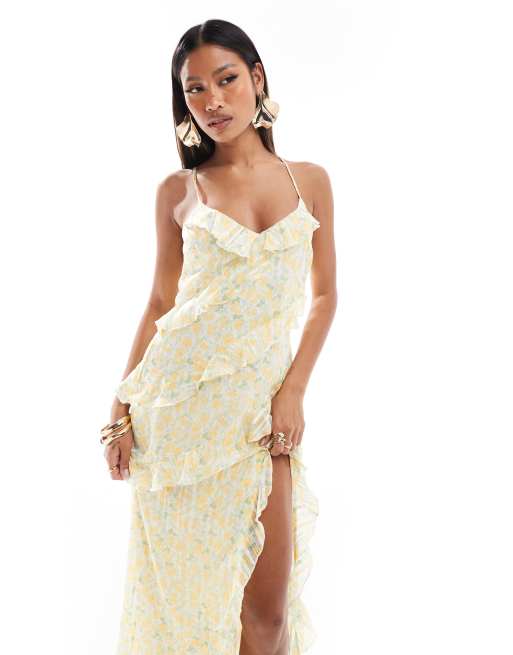 New Look floral ruffle split maxi dress in yellow ASOS