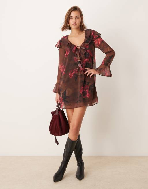 New Look floral ruffle tie neck mini dress in brown print