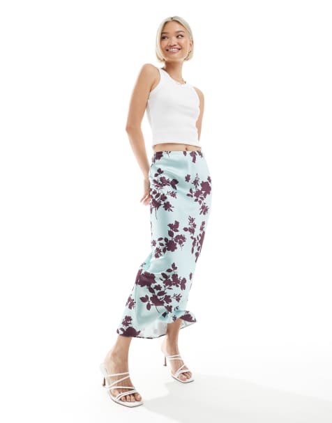New Look floral satin midi skirt in blue - view 1