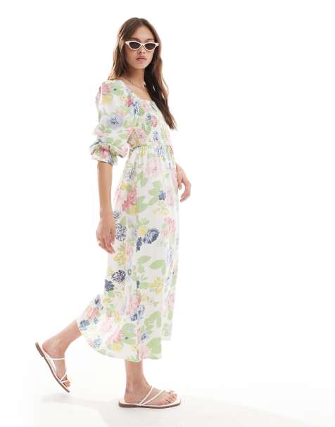 New Look floral shirred long sleeve dress in cream - view 1