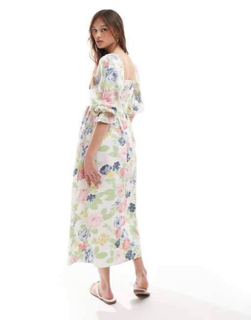 New Look floral shirred long sleeve dress in cream, 3 of 4