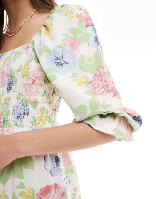 New Look floral shirred long sleeve dress in cream, 4 of 4