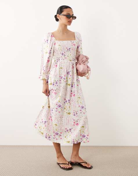 New Look floral shirred midi dress in cream - view 1