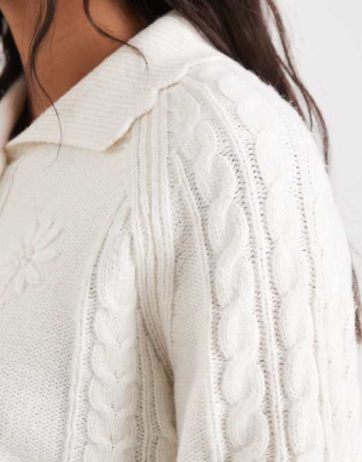 New Look floral stitch collared cardigan in cream, 2 of 4