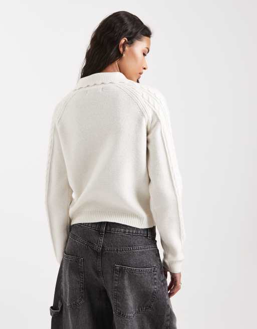 New Look floral stitch collared cardigan in cream, 3 of 4