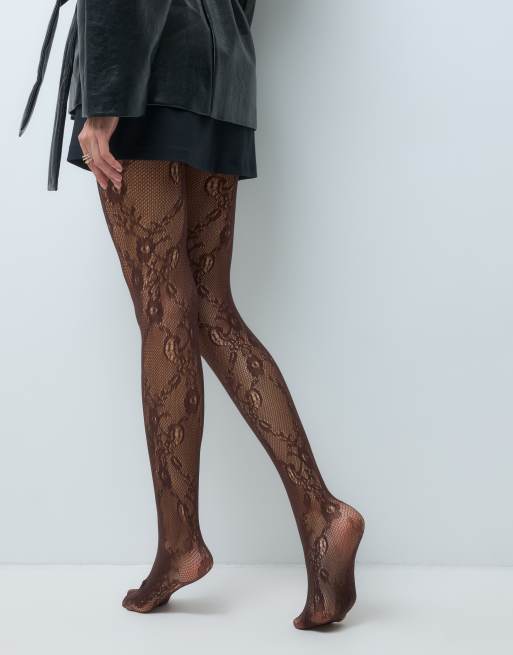 New Look floral tights in dark brown, 3 of 3