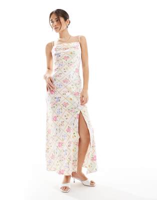 asos New Look floral tile print satin slip dress in pink