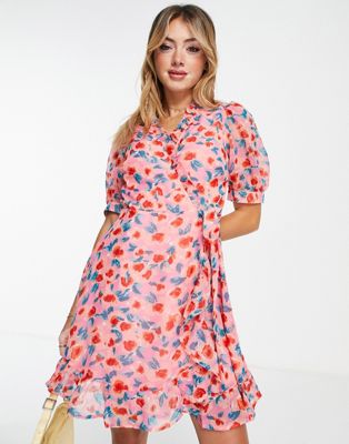 New Look wrap mini dress with puff sleeves in pink floral