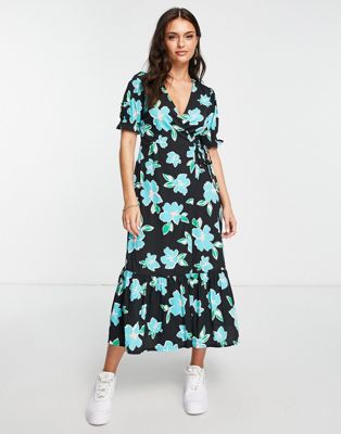 New Look Floral Wrap Front Open Back Midi Dress In Blue