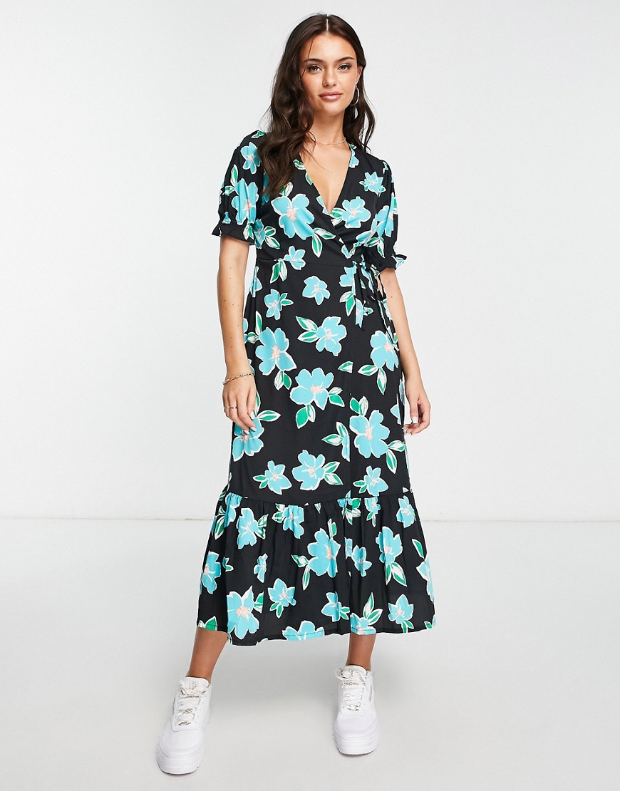 New Look floral wrap front open back midi dress in blue