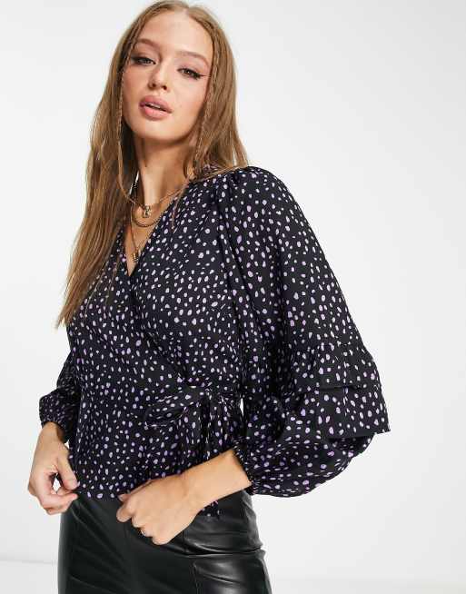 New Look floral wrap long sleeve blouse in black ASOS