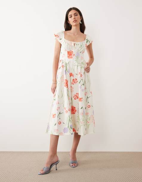 New Look flower print bengaline midi dress in cream - view 1