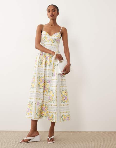 New Look flower print corset midi dress in cream