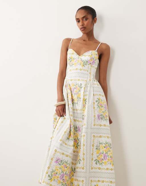 New Look flower print corset midi dress in cream, 2 of 4