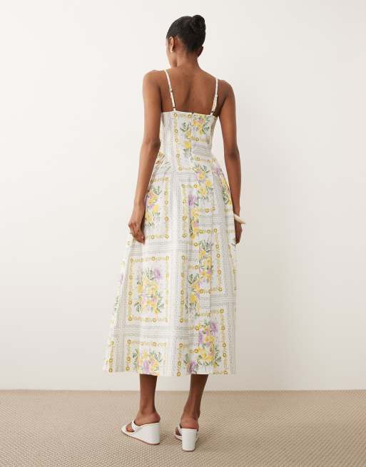 New Look flower print corset midi dress in cream, 3 of 4