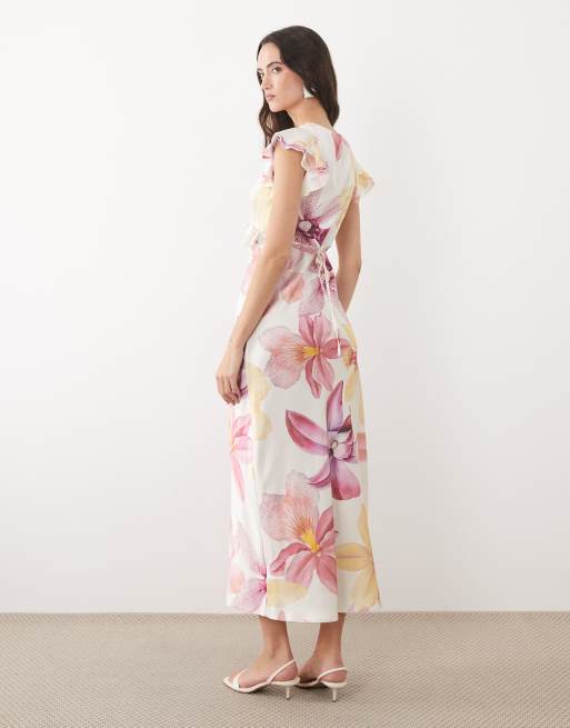 New Look flower print flutter sleeve satin midi dress in cream, 4 of 4