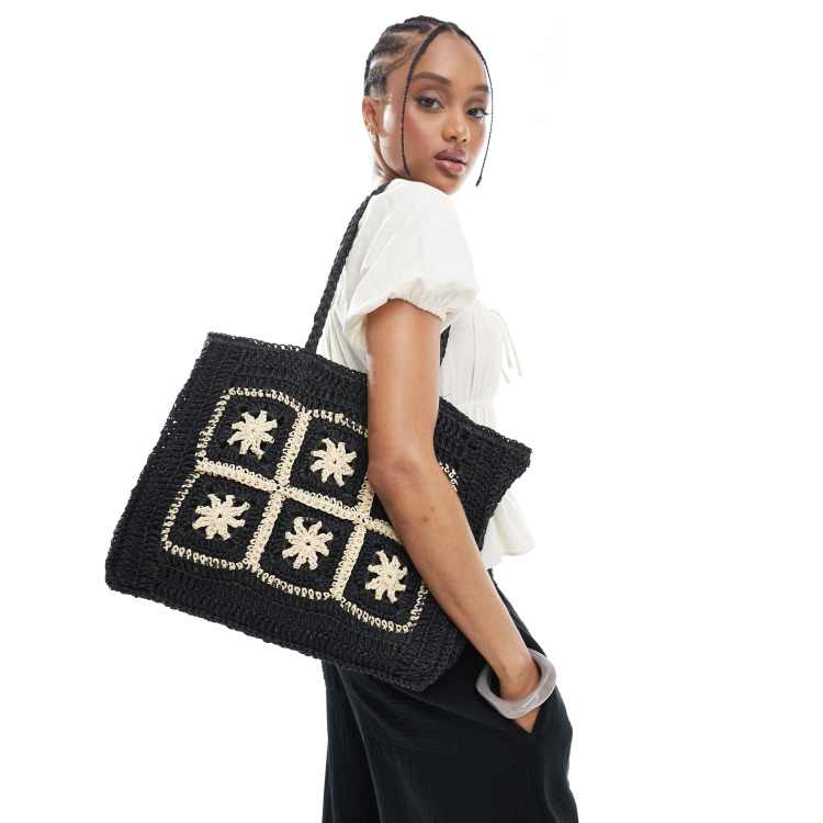 New Look flower raffia tote bag in black | ASOS