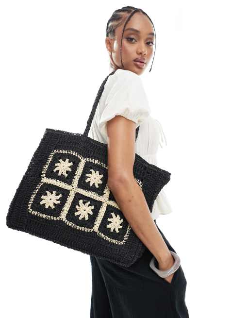 New Look flower raffia tote bag in black