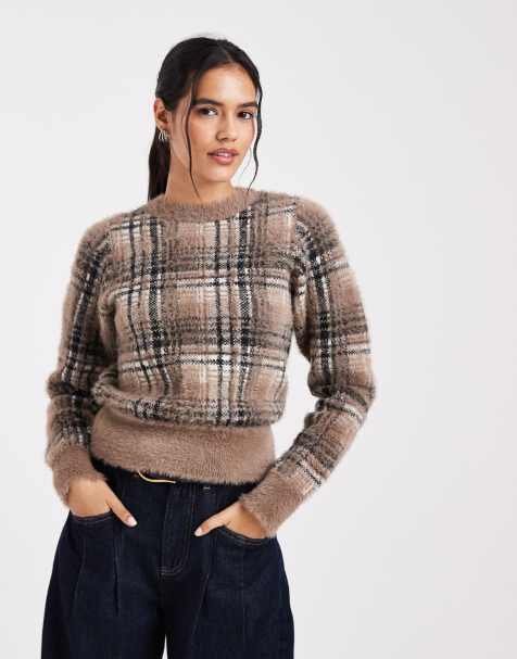 New Look fluffy check jumper in brown - view 1