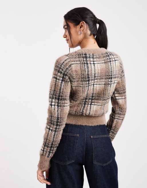 New Look fluffy check jumper in brown, 2 of 4
