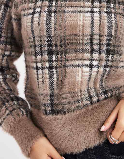 New Look fluffy check jumper in brown, 3 of 4