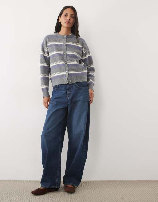 New Look fluffy contrast trim cardigan in blue stripe, 2 of 4