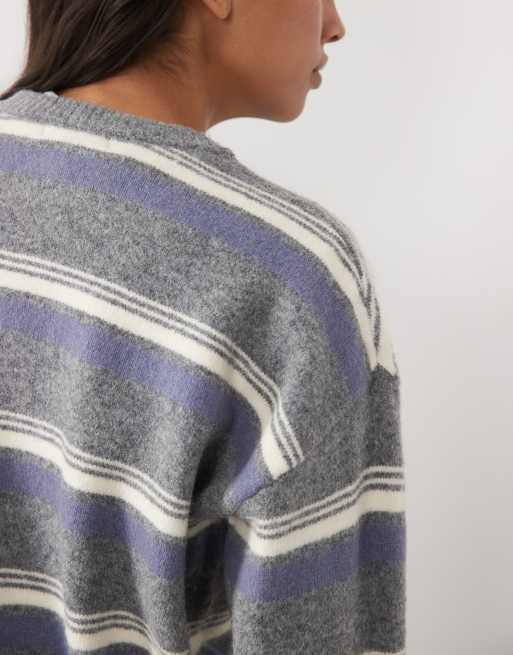 New Look fluffy contrast trim cardigan in blue stripe, 3 of 4