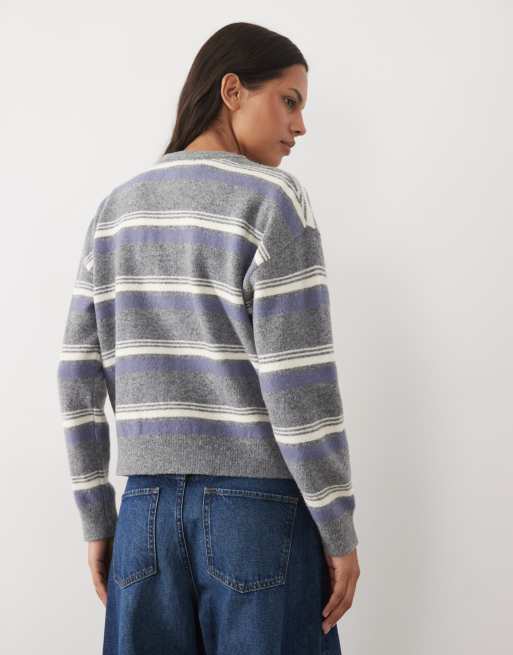 New Look fluffy contrast trim cardigan in blue stripe, 4 of 4