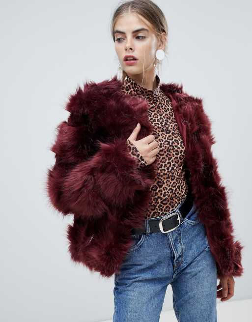 Burgundy faux fur clearance coat