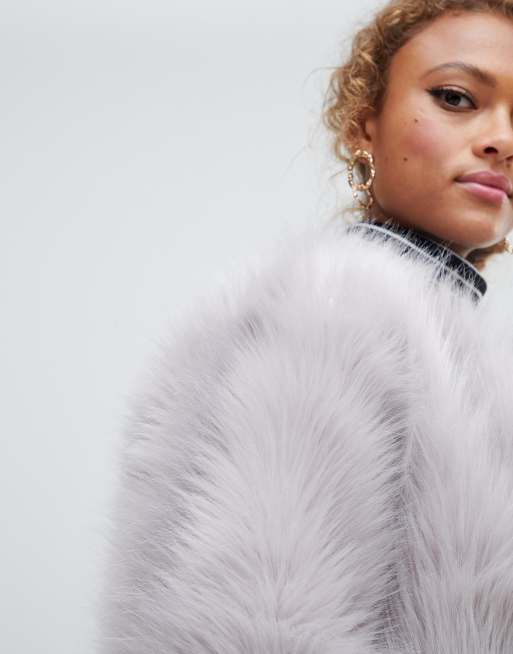 Collarless faux cheap fur jacket