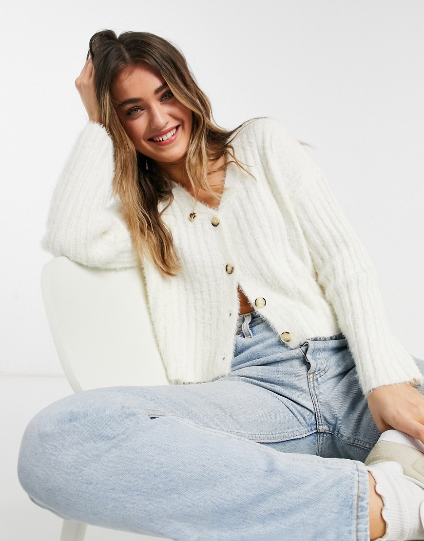 New Look fluffy knit ribbed cardigan in cream-White
