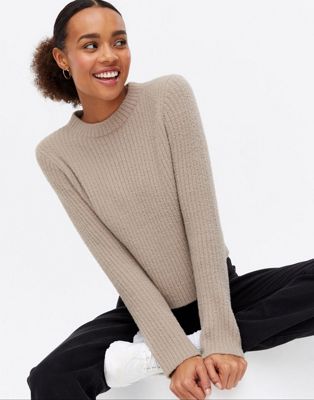 New Look fluffy knit ribbed jumper in mink
