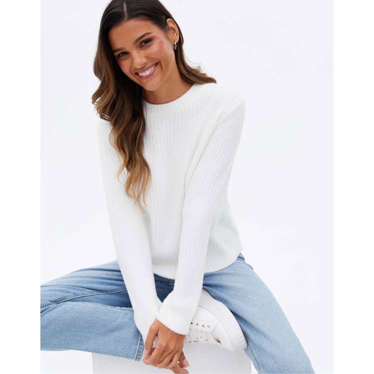 New Look fluffy knit ribbed jumper in off white | ASOS