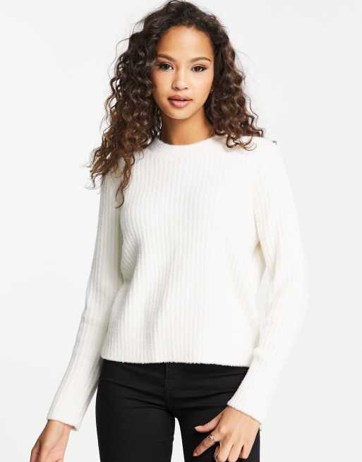 New Look fluffy knit ribbed jumper in off white | ASOS