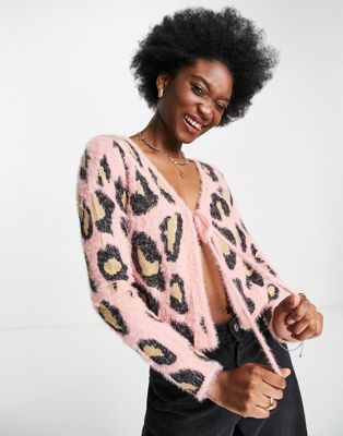 New Look fluffy knit tie front cardigan in pink animal print