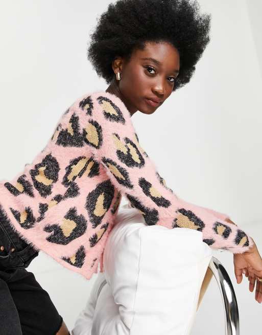 New Look fluffy knit tie front cardigan in pink animal print ASOS