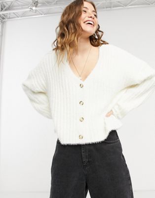 New Look fluffy ribbed cardigan in white