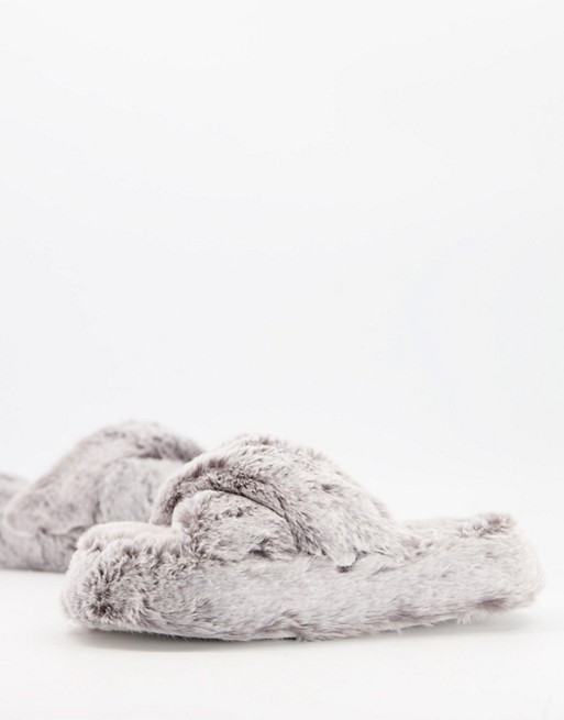 New Look fluffy slider slippers in grey