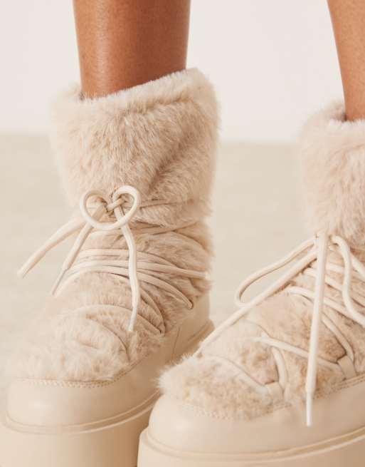 New Look fluffy snow boot in cream ASOS