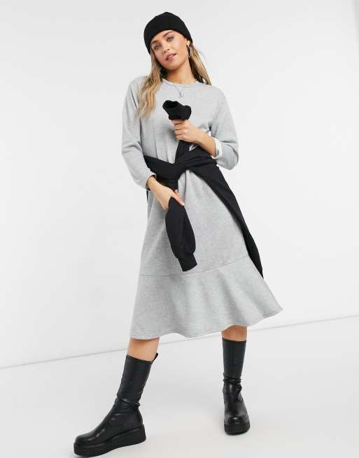 New Look flute hem sweat midi dress in grey