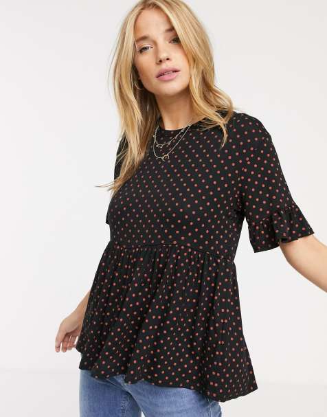 New Look flute sleeve peplum hem top in black polka dot