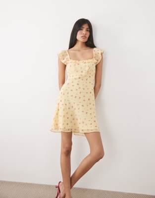 New Look flutter sleeve frill mini dress in yellow floral