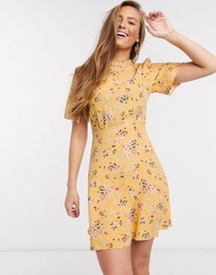 yellow flutter sleeve dress