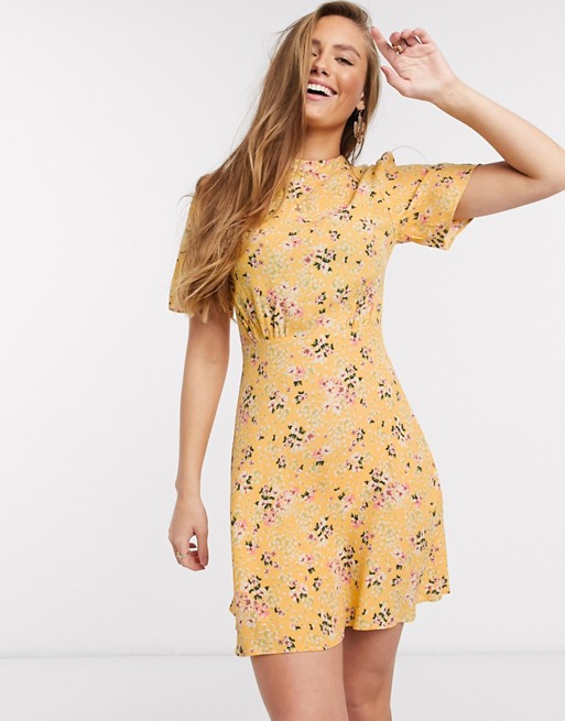 New Look flutter sleeve mini dress in yellow ditsy floral print