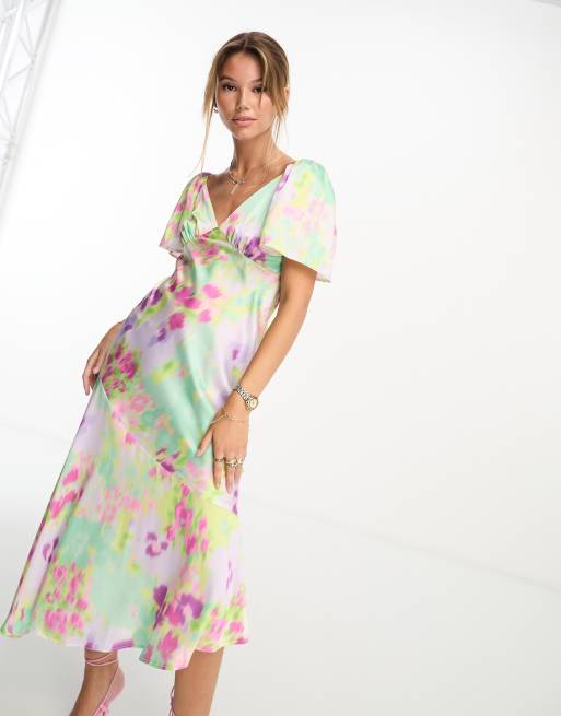 New Look flutter sleeve satin midi dress in yellow and pink floral