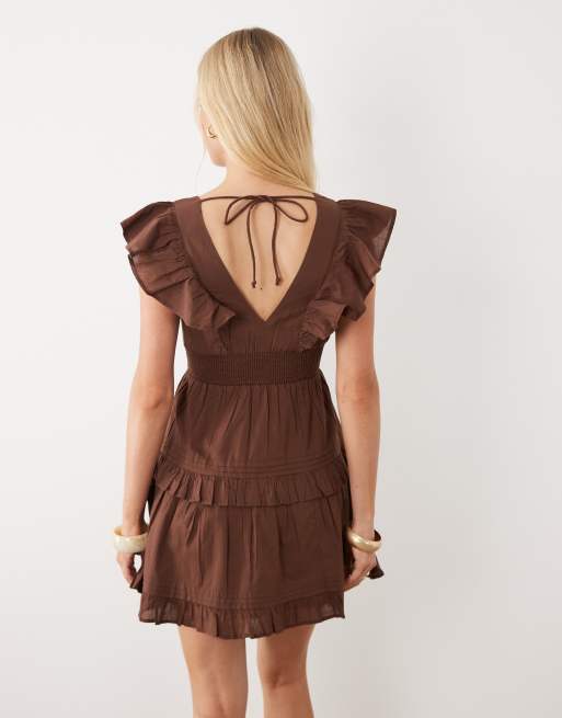 New Look flutter sleeve tiered mini dress in brown, 2 of 4